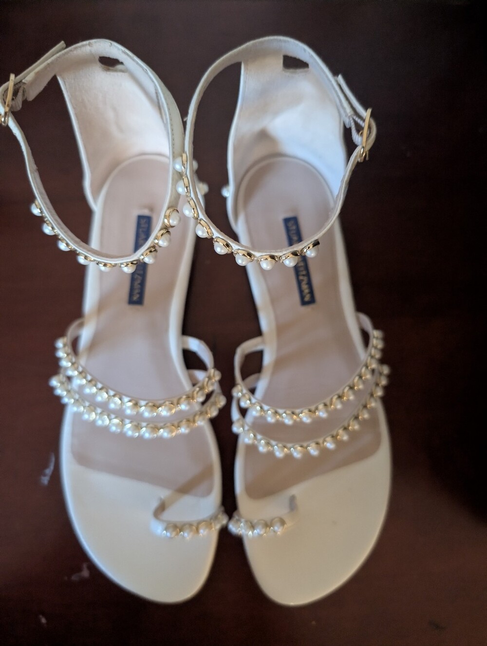 Stuart Weitzman Gladiator Pearl-Strap Ivory Ring Toe Sandals Size 9